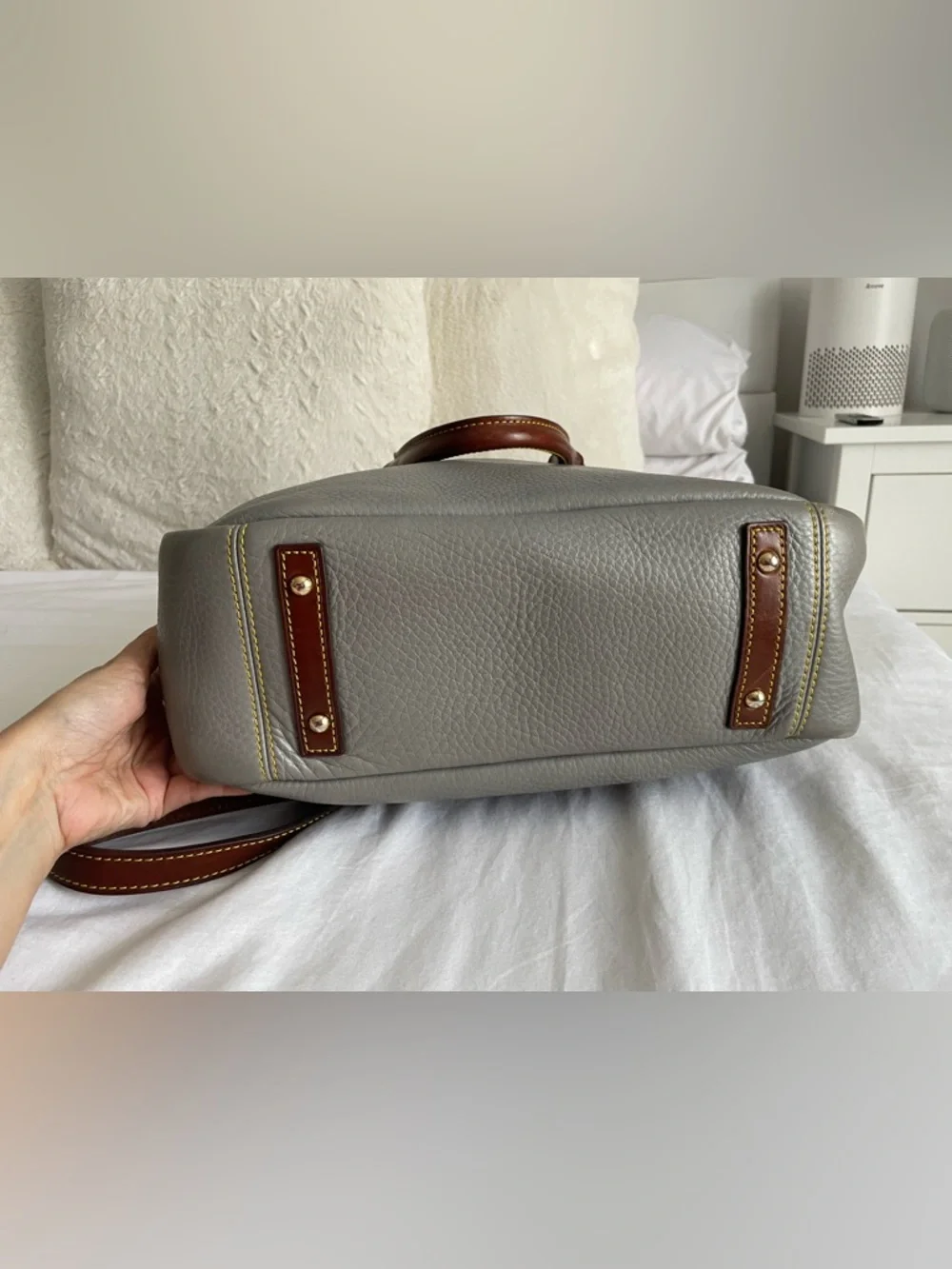Dooney & Bourke Samba Leather Belted Shopper Satchel Gray Brown Crossbody
